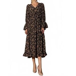 NEW LENA floral print long sleeve ruffle midi dress in black
